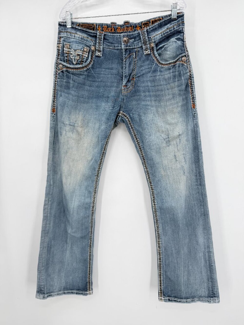 Rock Revival Men’s Lester Bootcut Jeans Size 34 Light Wash Embroidered Y2K